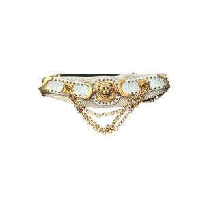 White & Gold Lion Chain Leather Belt By St. Martin Adjustable Fit Bold Design Wo
